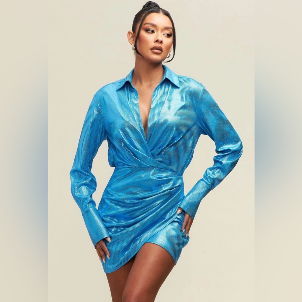 New blue Shimmery Wrap Mini Dress M